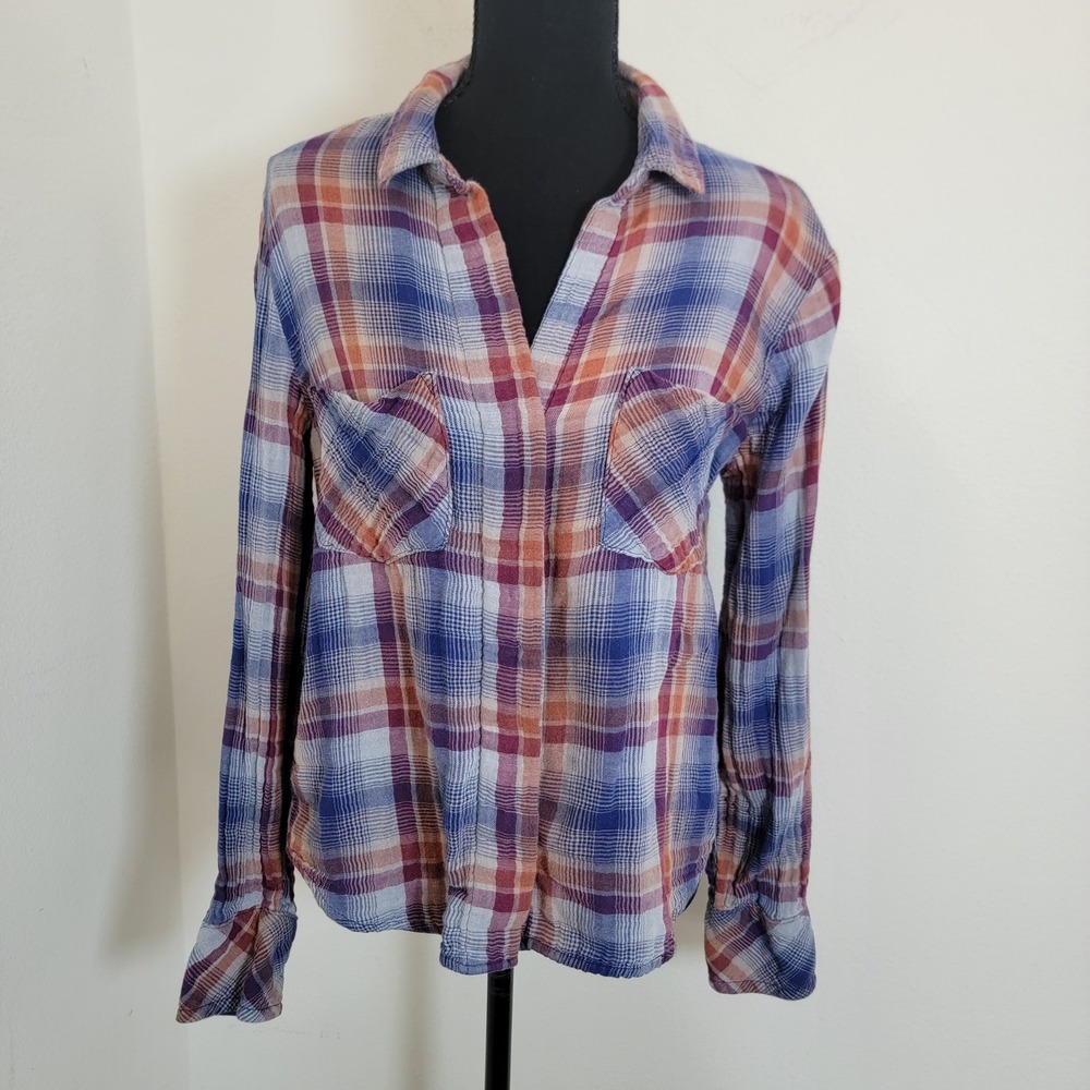 Cloth & Stone Plaid Flannel Shirt Blue Purple Orange Split Back Medium Western